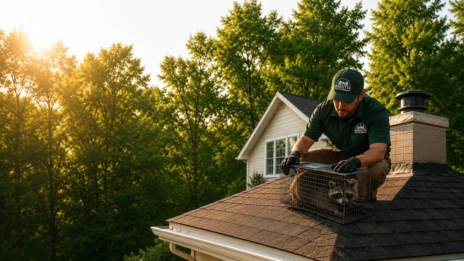 A wildlife pro removing a raccoon from a rooftop in Marietta, GA